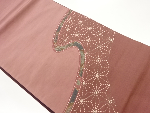 手織り紬切り嵌め刺し子手描き麻の葉に花々模様袋帯